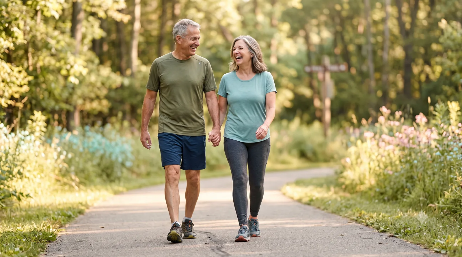 An active older couple walking comfortably outdoors, staying on their feet and moving to support healthy circulation.