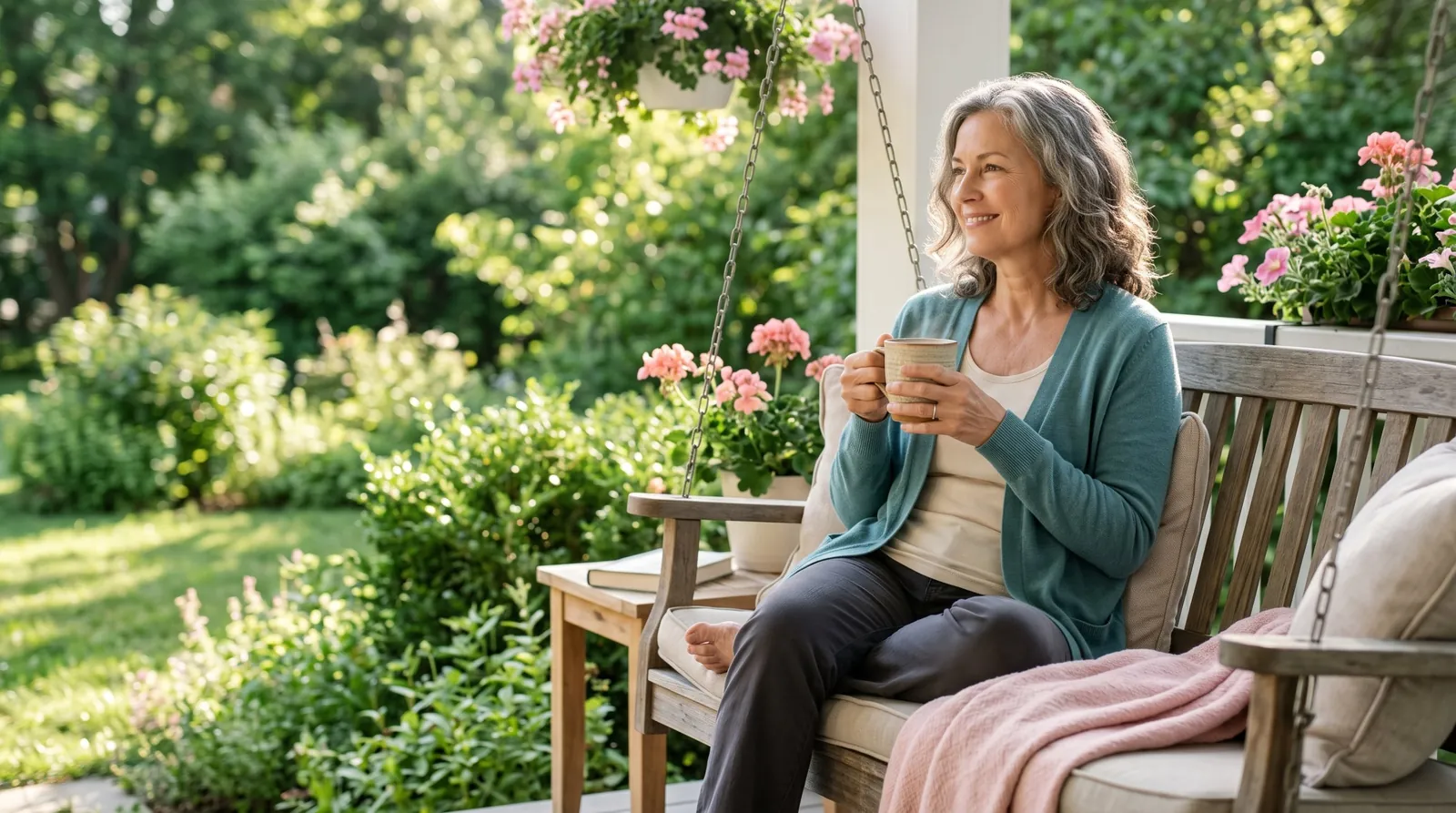 A calm, smiling woman in her late fifties in a teal cardigan relaxing on a sunlit porch swing with a warm cup of tea, surrounded by a green garden and pink flowers.