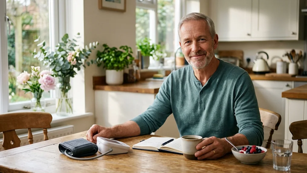 A relaxed man in his fifties smiling at a sunlit kitchen table with a home blood pressure cuff, a notebook, coffee, and a bowl of berries.