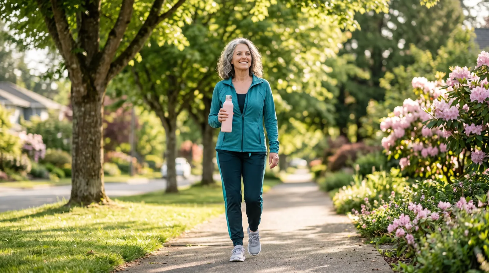 A smiling woman in her late fifties in teal activewear walking at an easy pace along a sunlit, tree-lined neighborhood path, carrying a soft-pink water bottle.