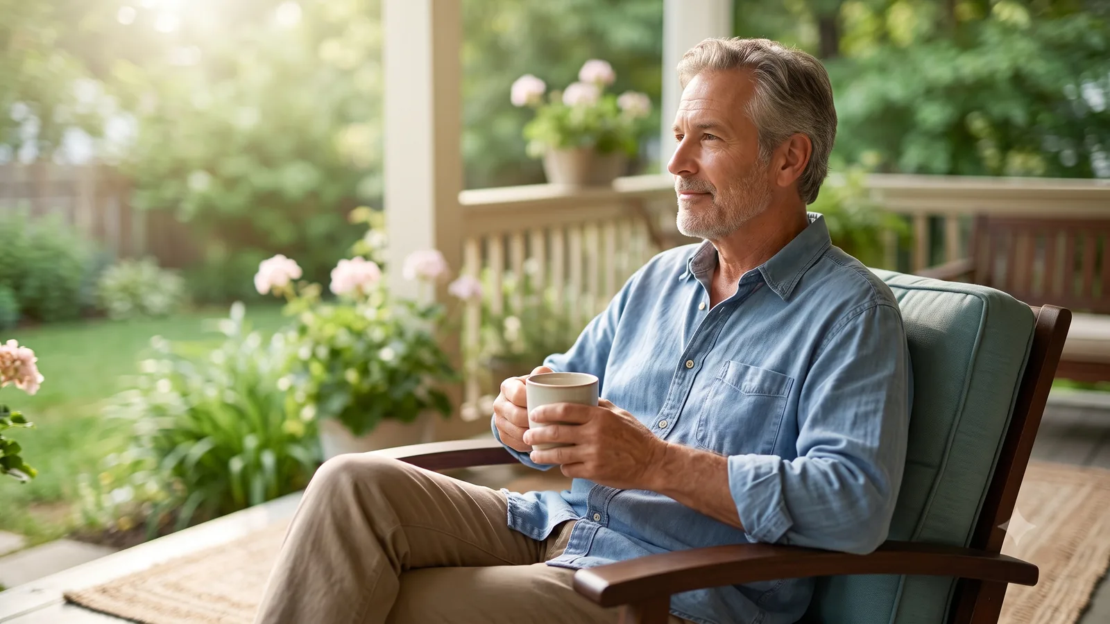 A calm, healthy-looking man in his sixties sitting on a sunlit porch with a cup of coffee, looking out over a green garden.
