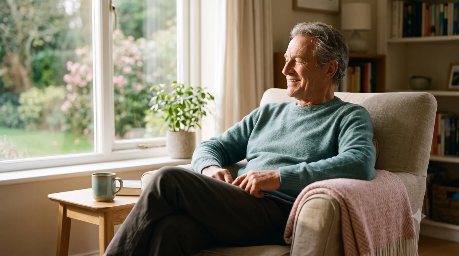 A relaxed older man resting comfortably in an armchair by a bright window at home, calm and reassured.