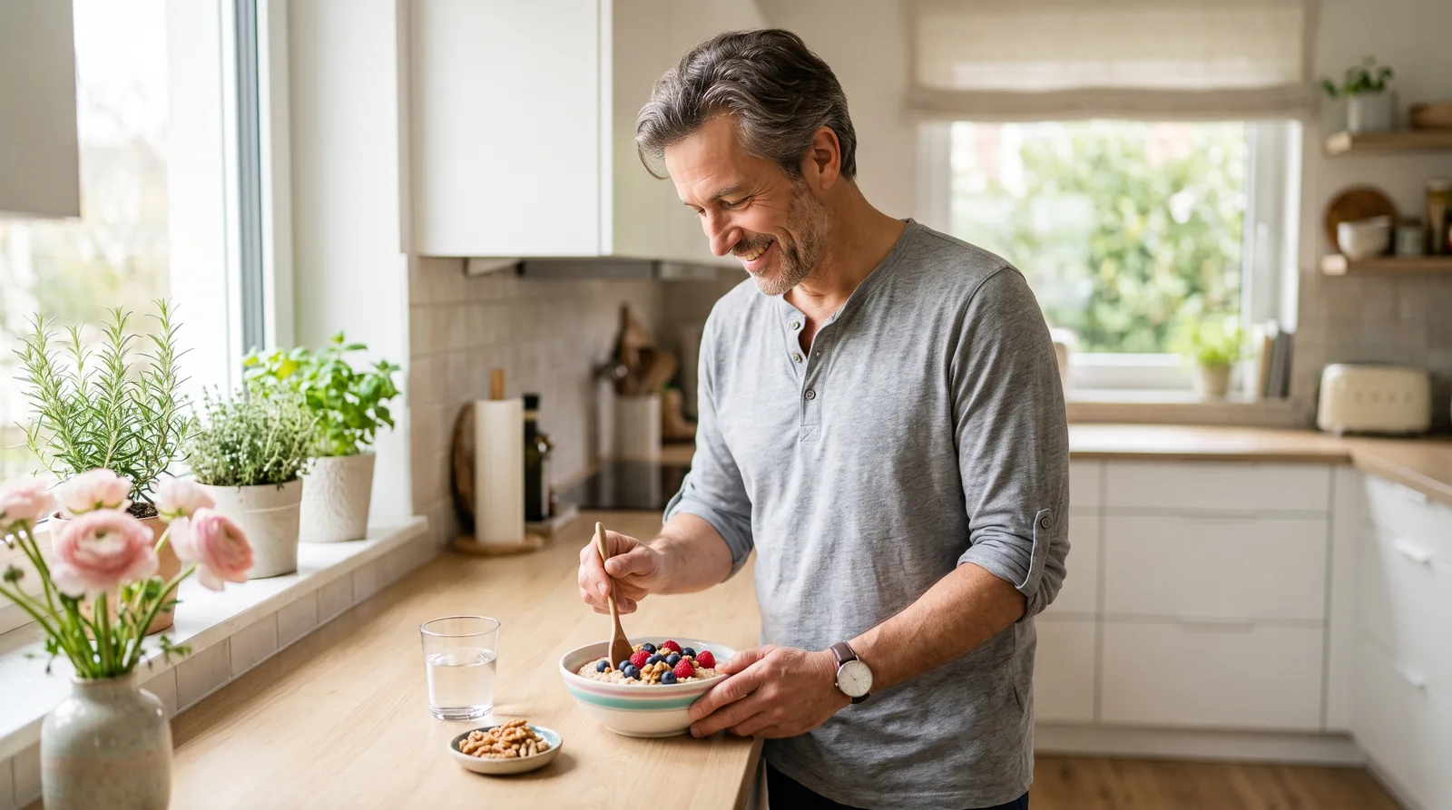 A healthy man in his fifties smiling as he prepares a bowl of oatmeal with berries and walnuts at a sunlit kitchen counter.