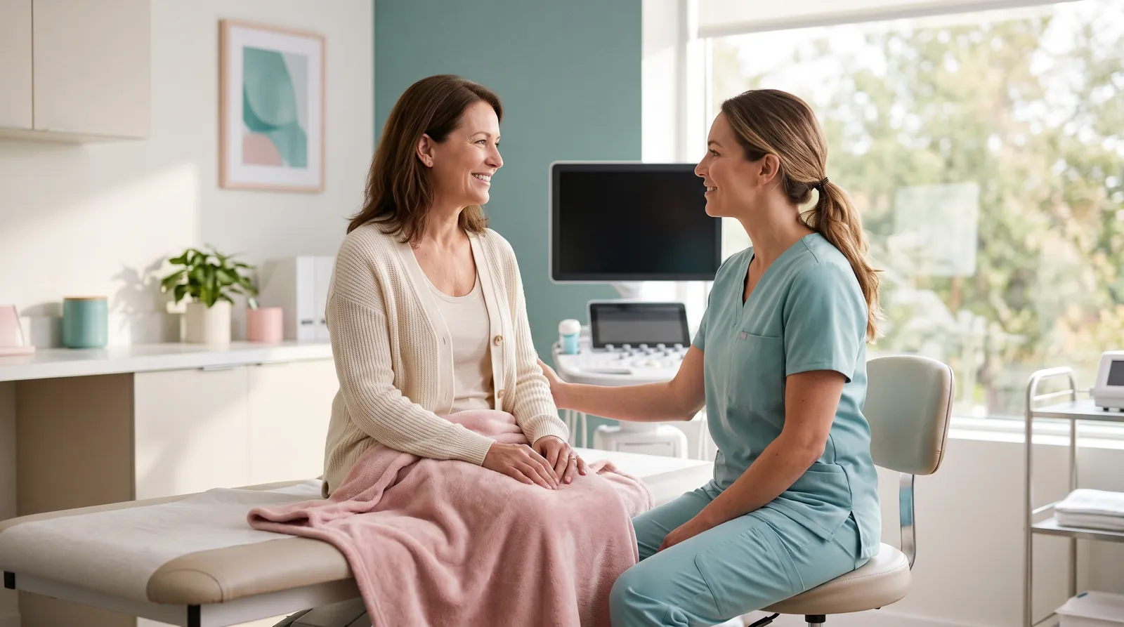 A smiling woman chatting with a friendly sonographer in soft teal scrubs in a bright, welcoming exam room before a painless heart ultrasound.