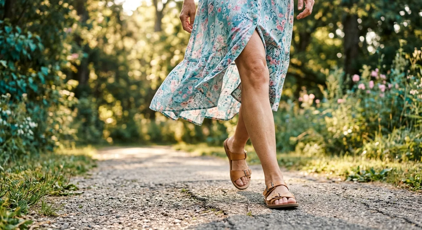 A woman in a flowing floral dress walking comfortably on a sunlit garden path, showing healthy legs.