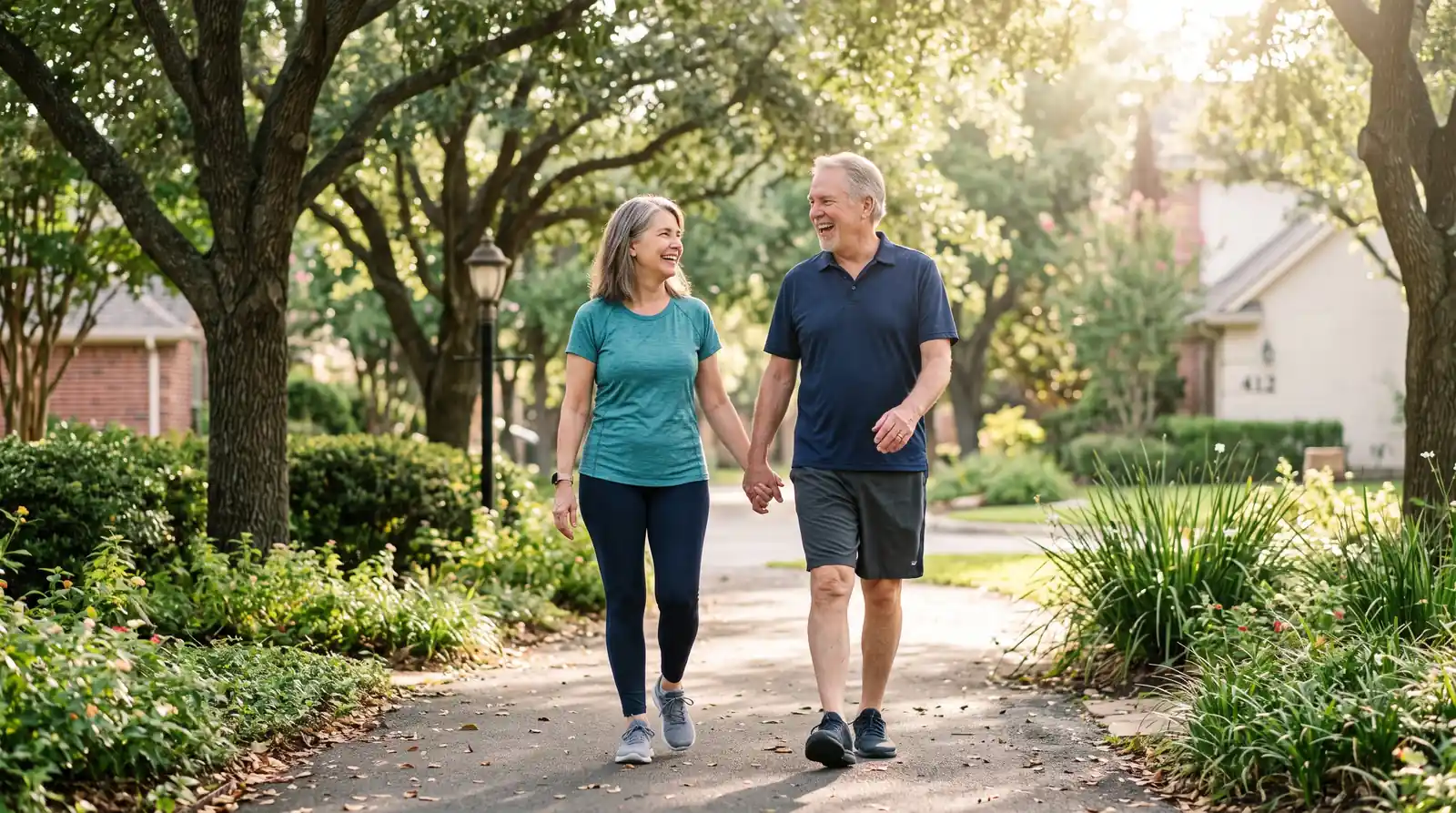 A smiling couple in their sixties walking hand in hand along a sunlit, tree-lined neighborhood path, dressed comfortably in casual activewear.
