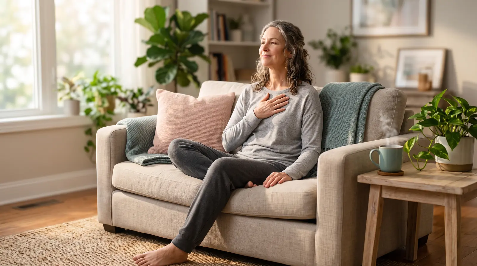 A calm woman in her fifties resting on a sunlit living-room sofa with a hand on her chest, breathing easily with a warm drink beside her.