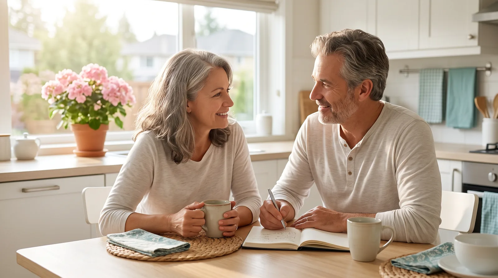 A healthy couple in their fifties sitting together at a sunlit kitchen table with coffee and a notebook, planning ahead on a relaxed weekend morning.