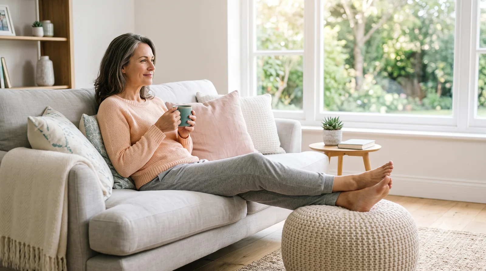 A relaxed woman resting on a bright living-room sofa with her legs elevated on a knit pouf, enjoying a warm drink.