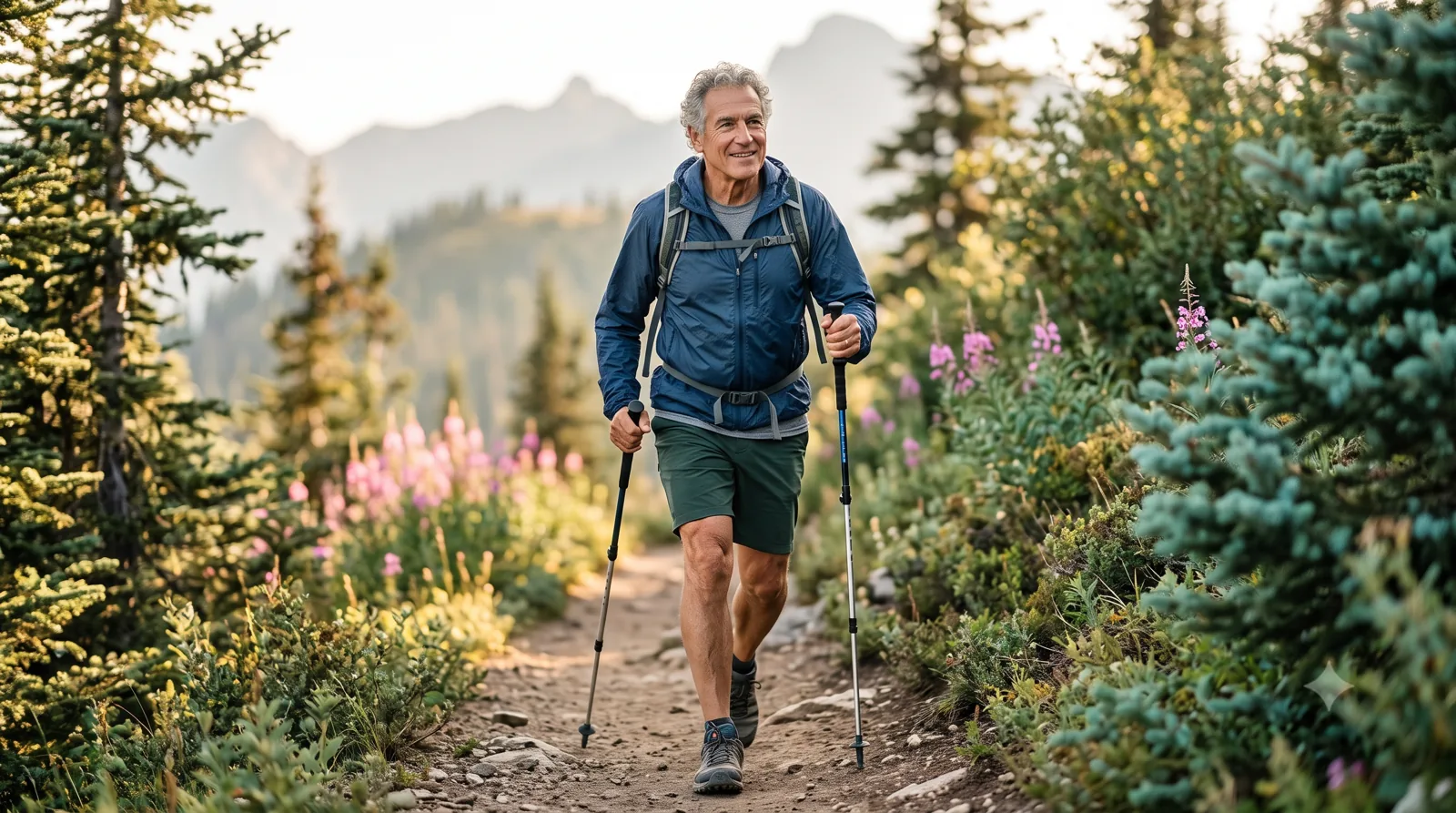 An active older man hiking with trekking poles on a scenic mountain trail, healthy and energetic.