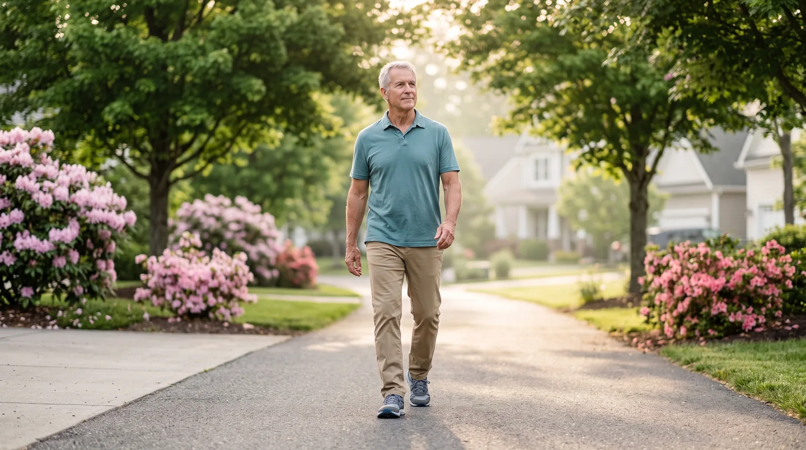 A healthy man in his late sixties walking comfortably at an easy pace along a tree-lined neighborhood path in the morning light.