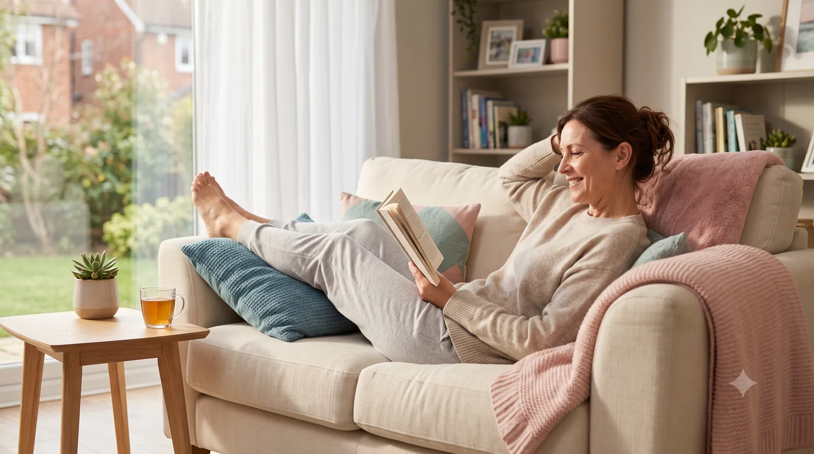 A woman relaxing comfortably on a sofa at home with her legs up, recovering after a minimally invasive vein treatment.