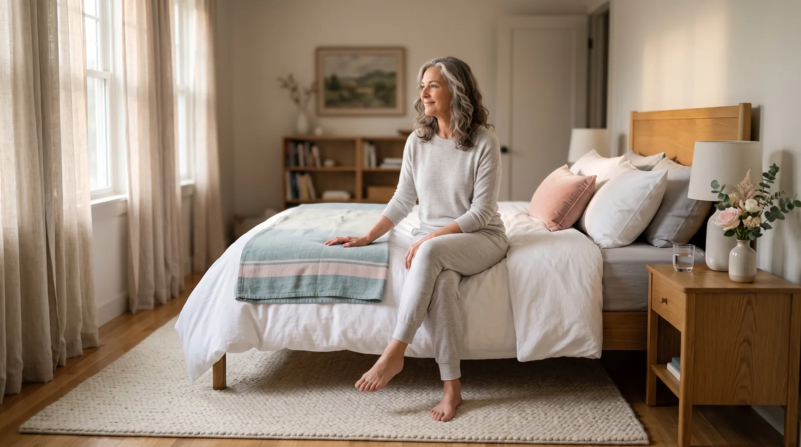 A woman in her fifties sitting calmly on the edge of her bed in a bright, softly lit bedroom, looking rested after a good night's sleep.