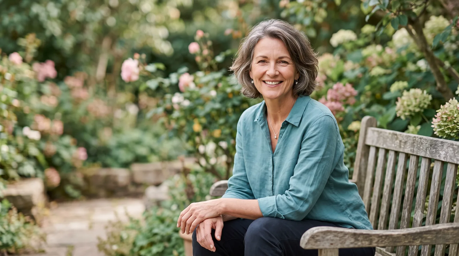 A smiling woman relaxing on a garden bench, reflecting the warm, personal care patients receive at Northwest Cardiovascular Clinic.