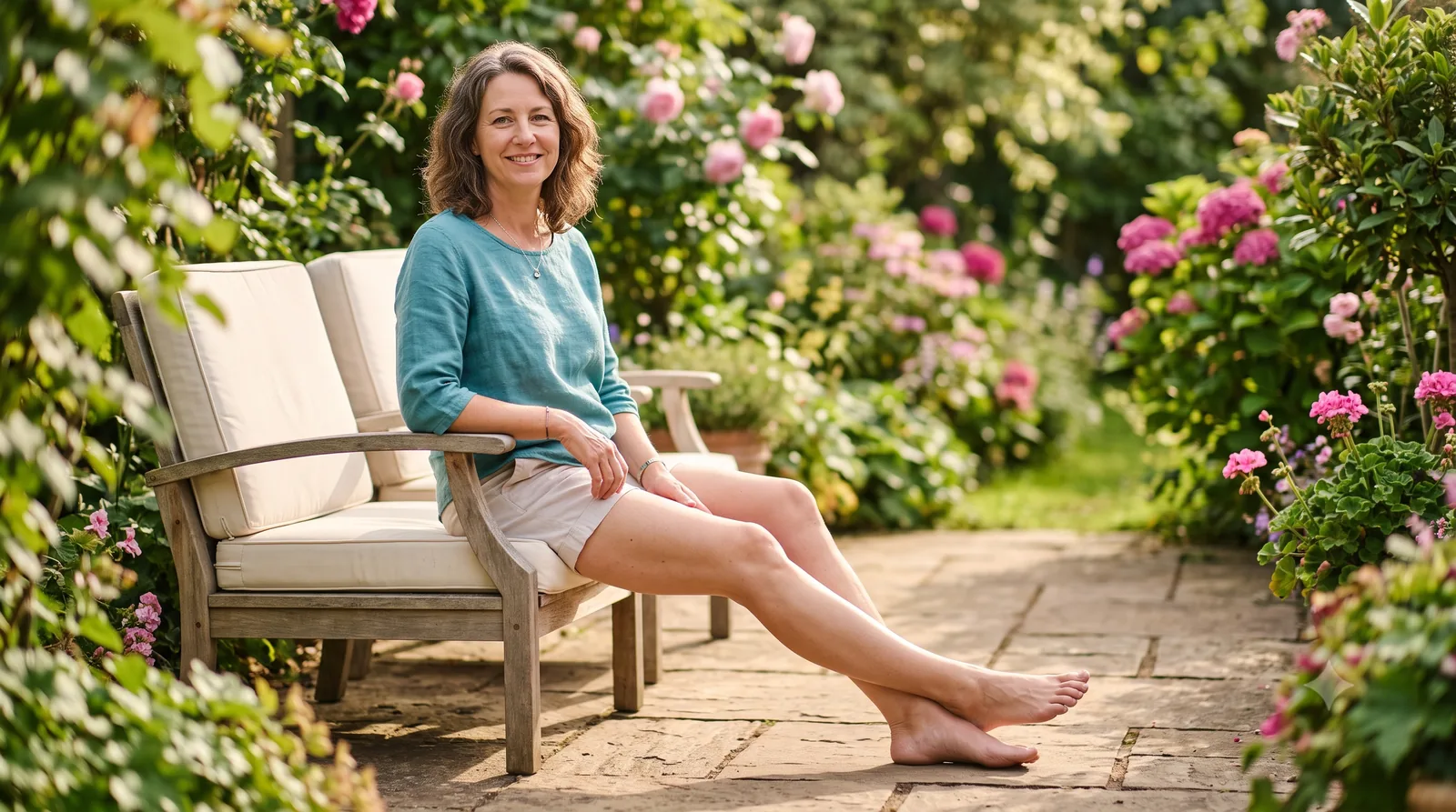 A smiling woman relaxing on a garden bench in the sunshine with her legs stretched out comfortably, surrounded by pink flowers.