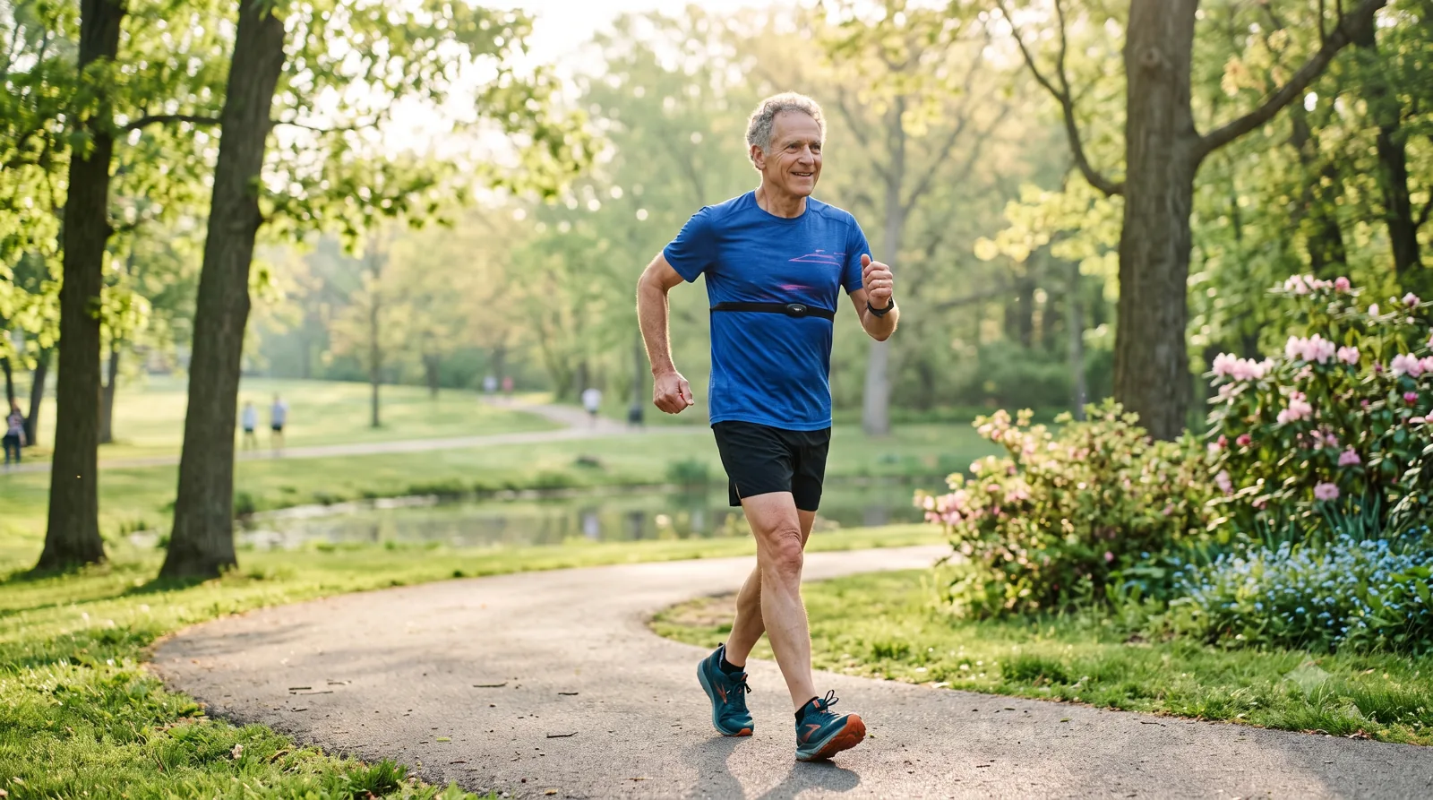 A fit older man jogging outdoors on a park path while wearing a heart-rate monitor.