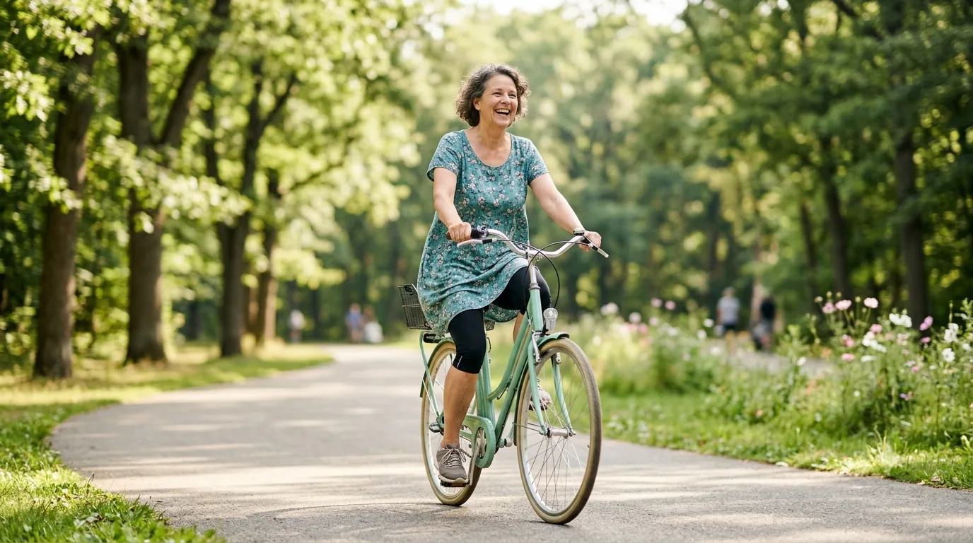 A person cycling outdoors on a sunny day, using the calf muscles that help pump blood back up the leg veins.